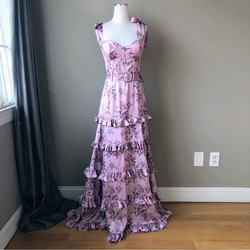 Lavender Floral Ruffle Maxi Dress with Belt